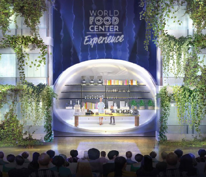 Artists impression van een presentatie op het achterdoek staat "World Food Center Experience"
